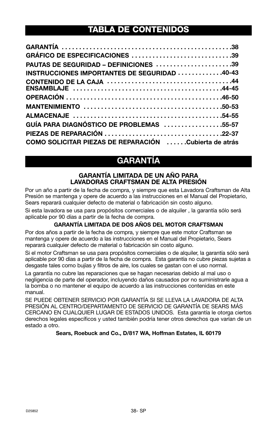 Craftsman D25852 User Manual | Page 22 / 44