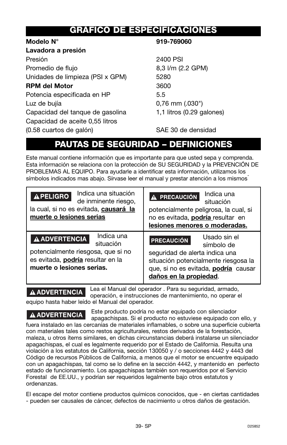 Gráfico de especificaciones, Pautas de seguridad – definiciones | Craftsman D25852 User Manual | Page 23 / 44
