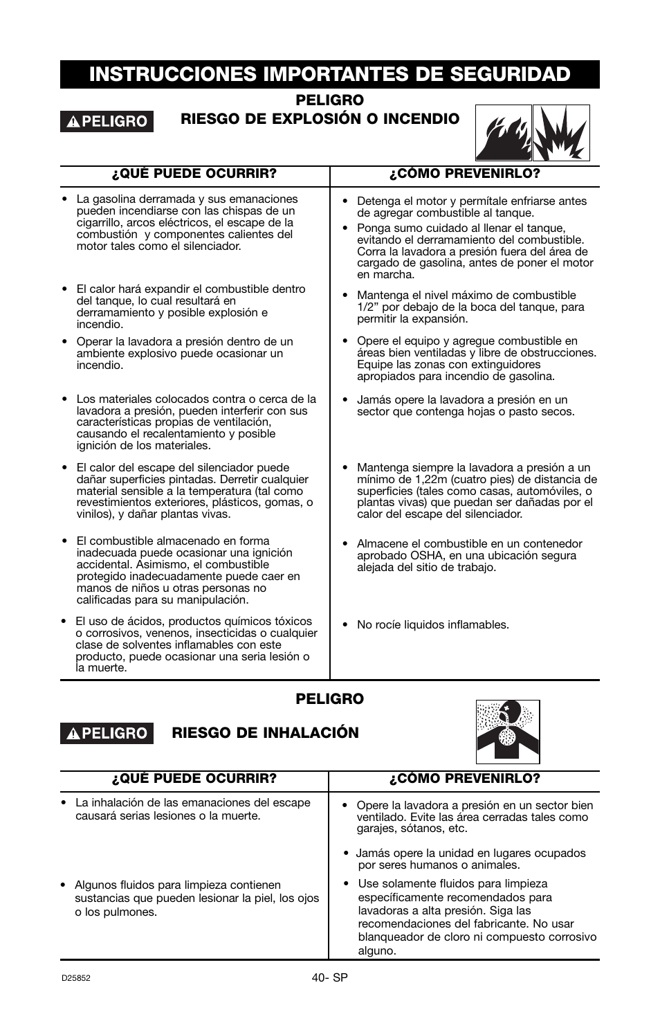Instrucciones importantes de seguridad, Peligro, Riesgo de explosión o incendio | Riesgo de inhalación peligro | Craftsman D25852 User Manual | Page 24 / 44