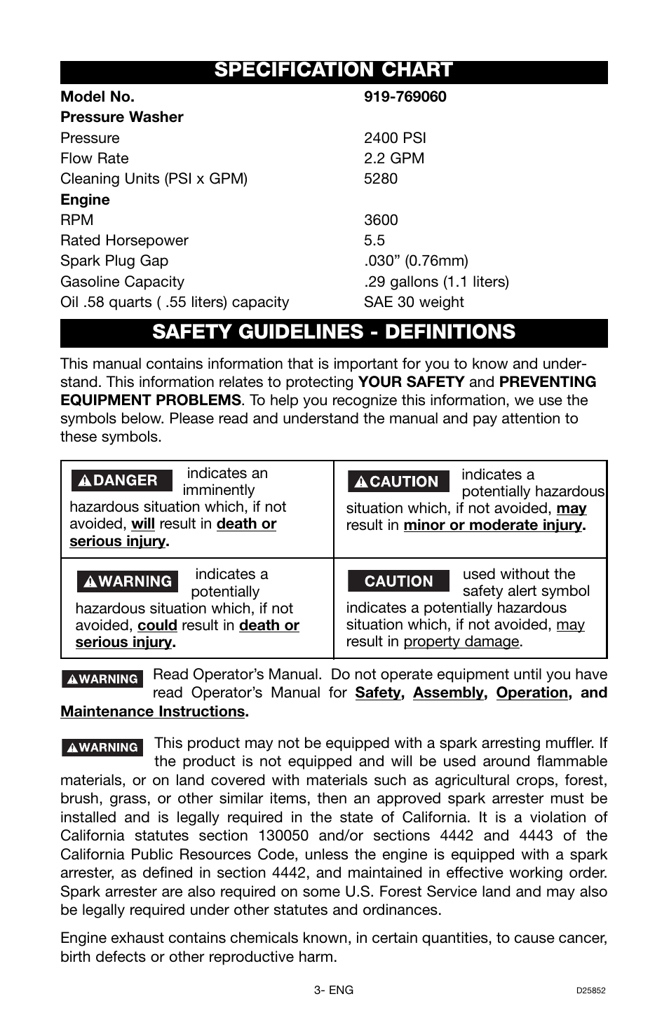 Safety guidelines - definitions, Specification chart | Craftsman D25852 User Manual | Page 3 / 44