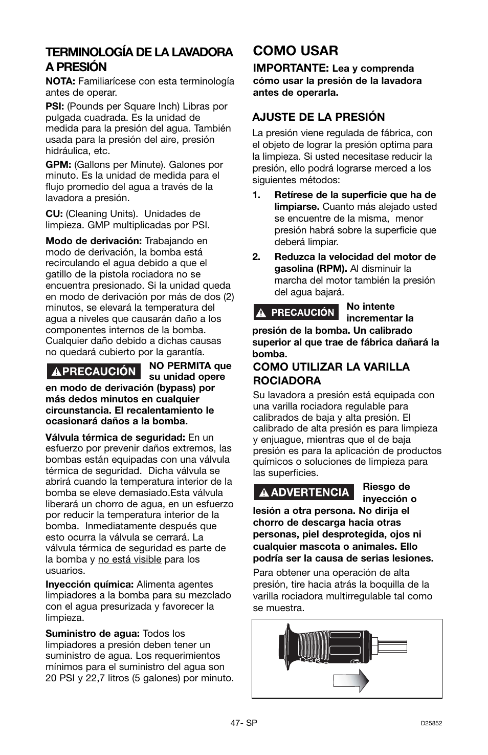 Como usar, Terminología de la lavadora a presión | Craftsman D25852 User Manual | Page 31 / 44