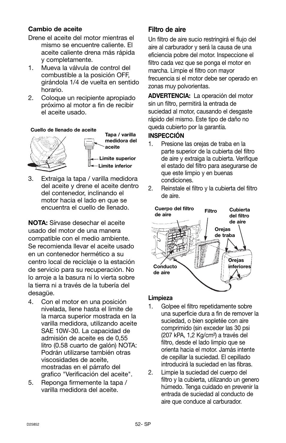 Filtro de aire | Craftsman D25852 User Manual | Page 36 / 44