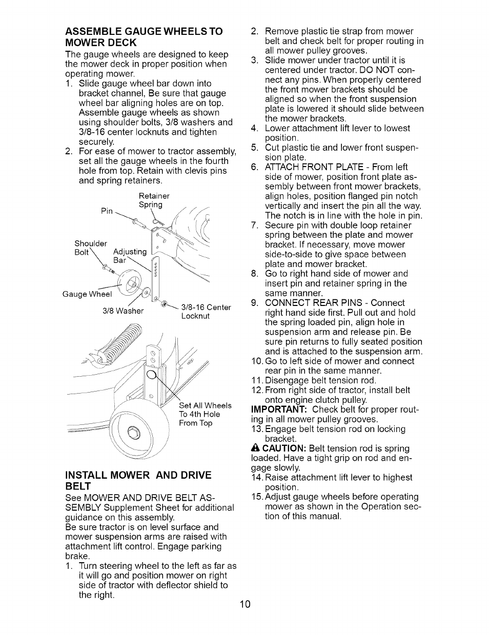 Assemble gauge wheels to mower deck, Install mower and drive belt | Craftsman 917.276210 User Manual | Page 10 / 56