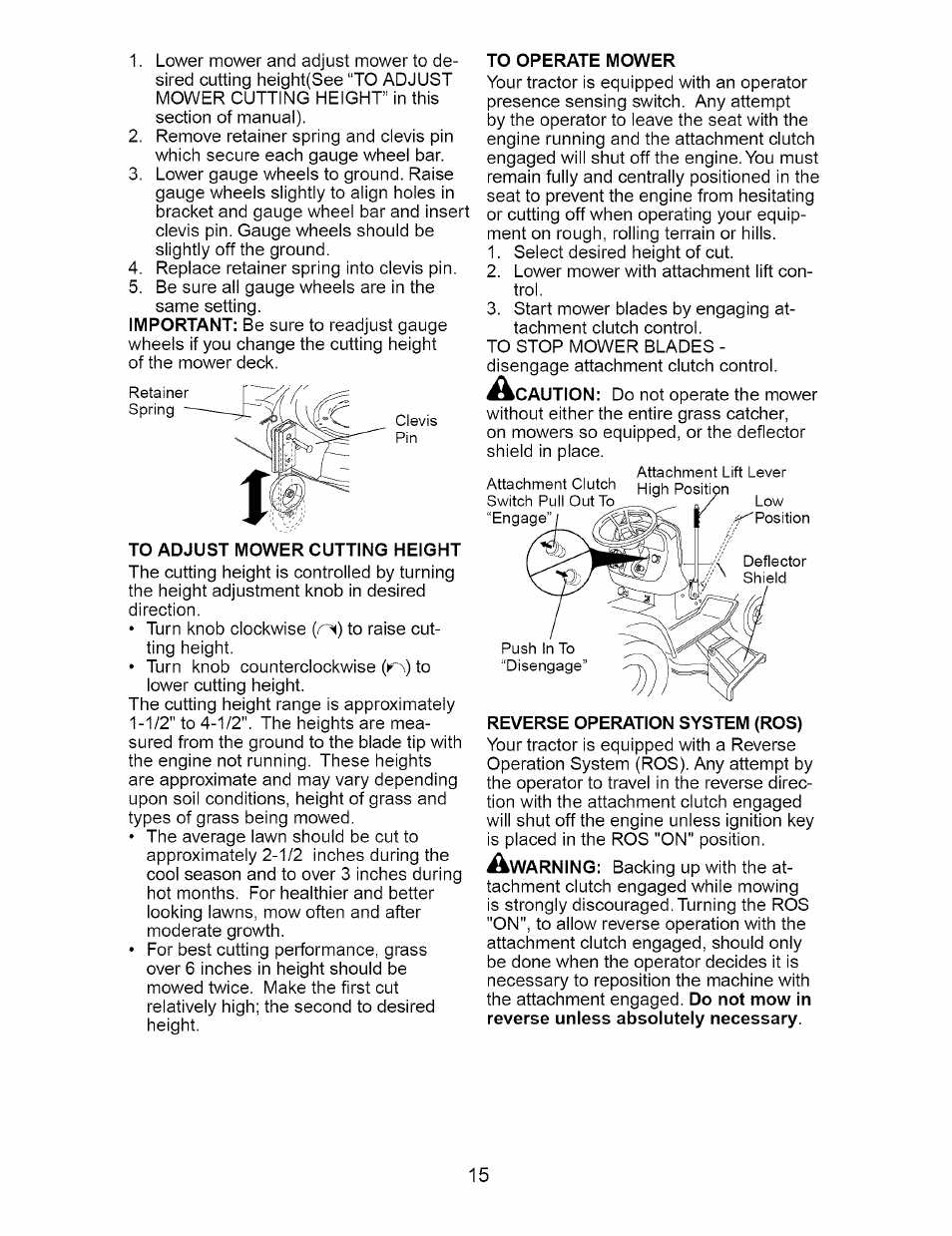 To adjust mower cutting height, To operate mower, Reverse operation system (ros) | Craftsman 917.276210 User Manual | Page 15 / 56