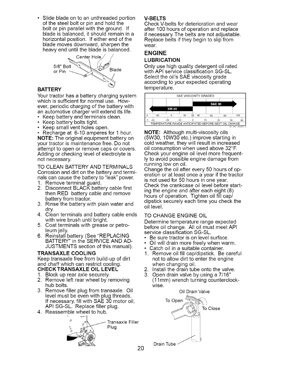 Battery, Transaxle cooling, V-belts | Engine, Lubrication | Craftsman 917.276210 User Manual | Page 20 / 56