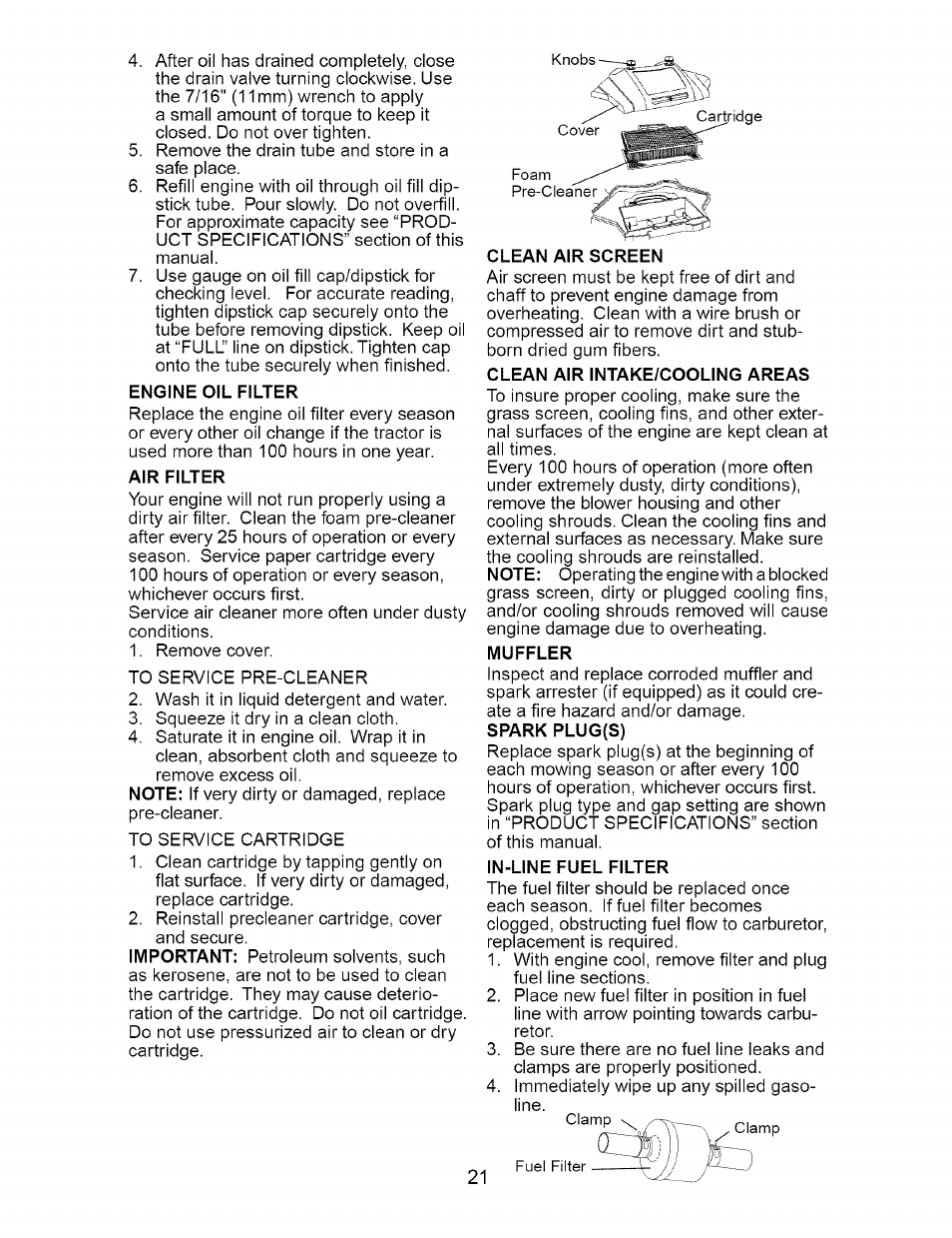 Engine oil filter, Air filter, Clean air screen | Clean air intake/cooling areas, Muffler, Spark plug(s), In-line fuel filter | Craftsman 917.276210 User Manual | Page 21 / 56