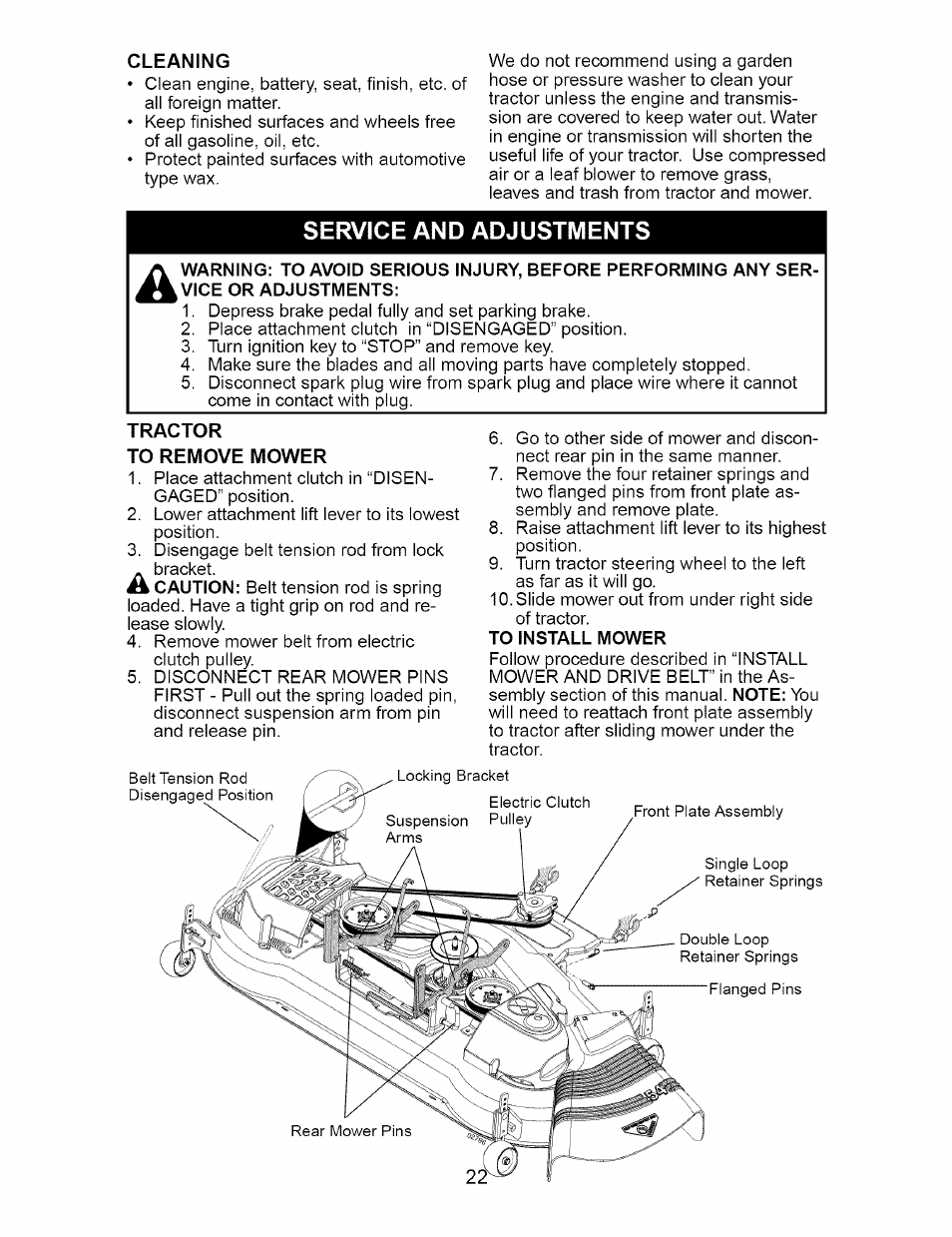 Cleaning, Tractor, To remove mower | To install mower, Service and adjustments | Craftsman 917.276210 User Manual | Page 22 / 56