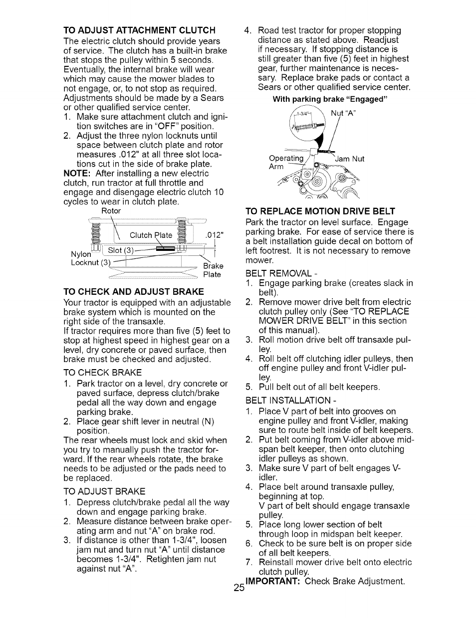To check and adjust brake, To replace motion drive belt | Craftsman 917.276210 User Manual | Page 25 / 56