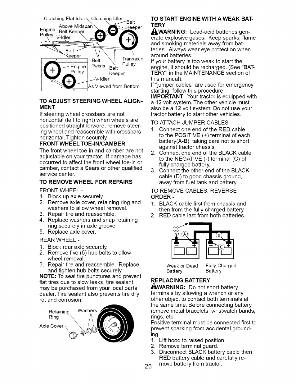 To adjust steering wheel alignment, To remove wheel for repairs, To start engine with a weak battery | Craftsman 917.276210 User Manual | Page 26 / 56