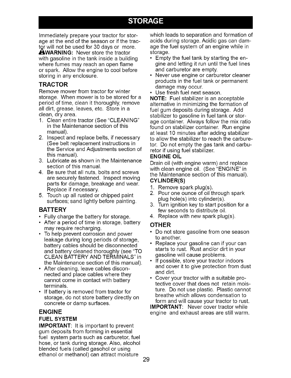 Tractor, Battery, Engine | Fuel system, Engine oil, Other, Storage | Craftsman 917.276210 User Manual | Page 29 / 56