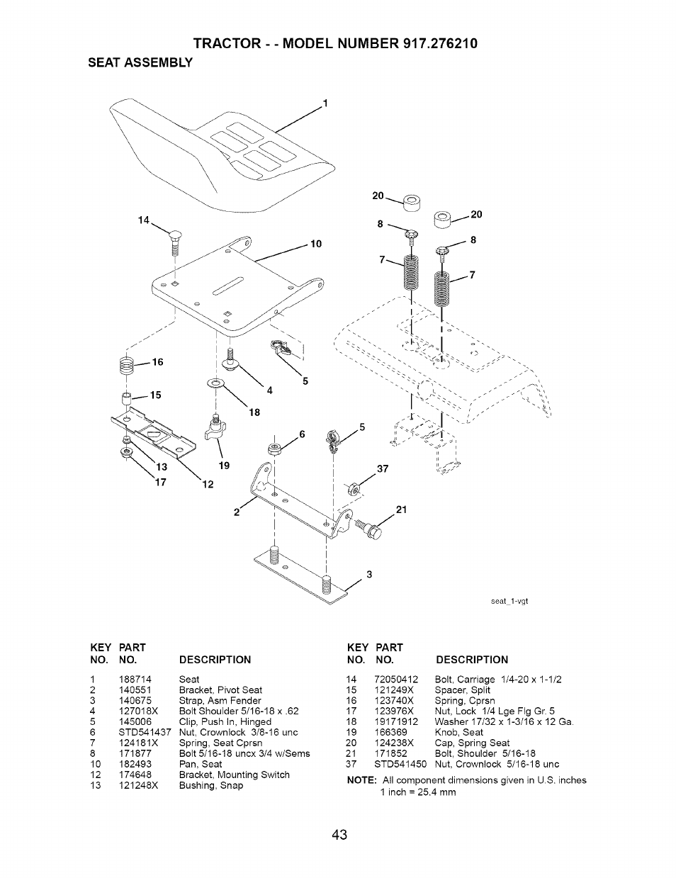 Seat assembly | Craftsman 917.276210 User Manual | Page 43 / 56