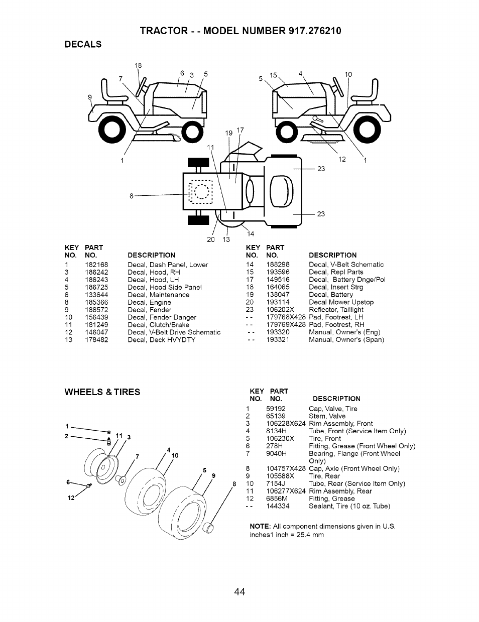 Decals, Wheels &tires, 7154j | Craftsman 917.276210 User Manual | Page 44 / 56