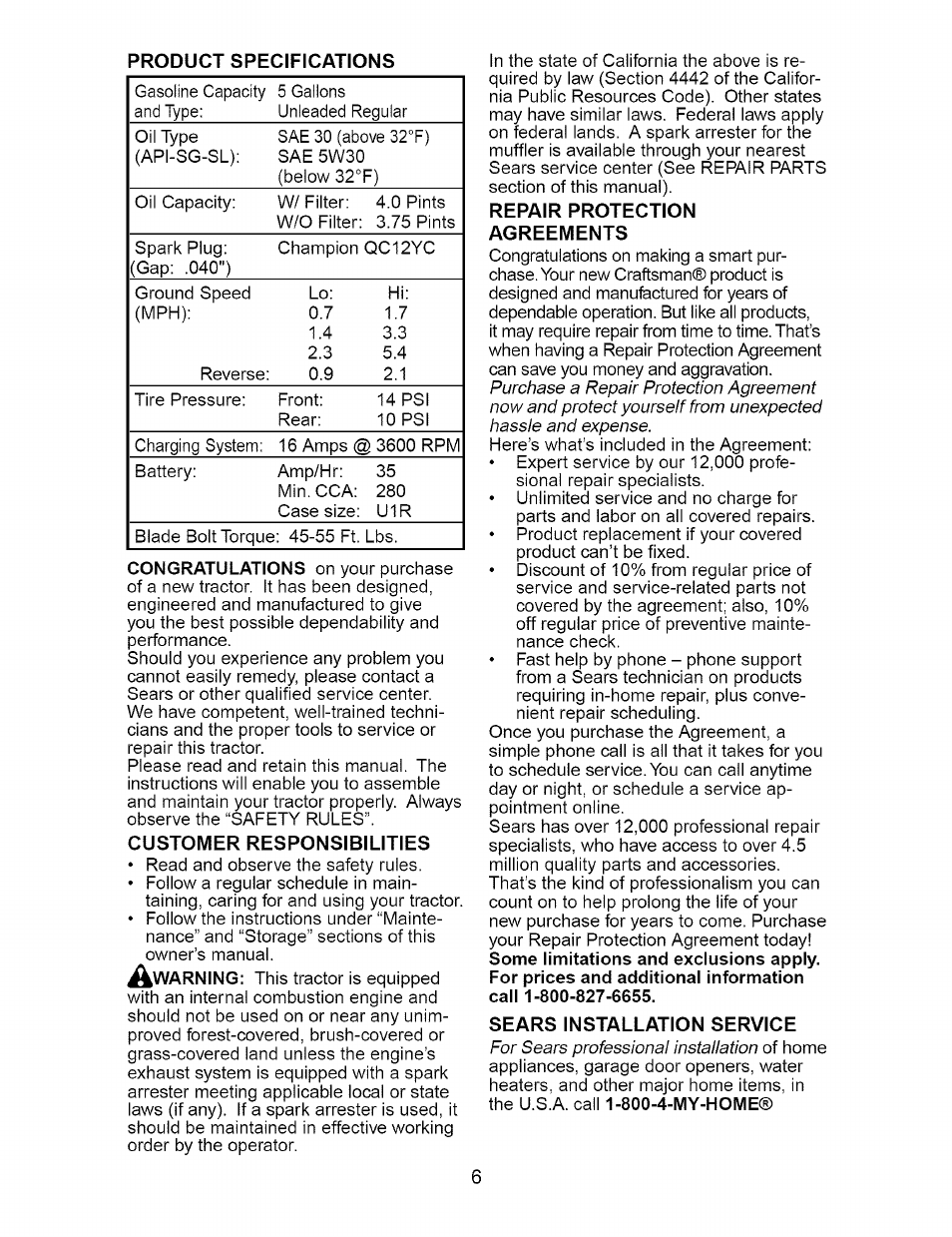 Product specifications, Customer responsibilities, Repair protection agreements | Sears installation service | Craftsman 917.276210 User Manual | Page 6 / 56