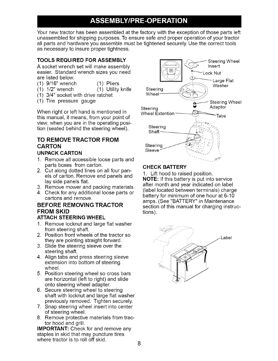 Tools required for assembly, To remove tractor from, Carton | Unpack carton, Before removing tractor from skid, Attach steering wheel, Check battery, Assembly/pre-operation | Craftsman 917.276210 User Manual | Page 8 / 56