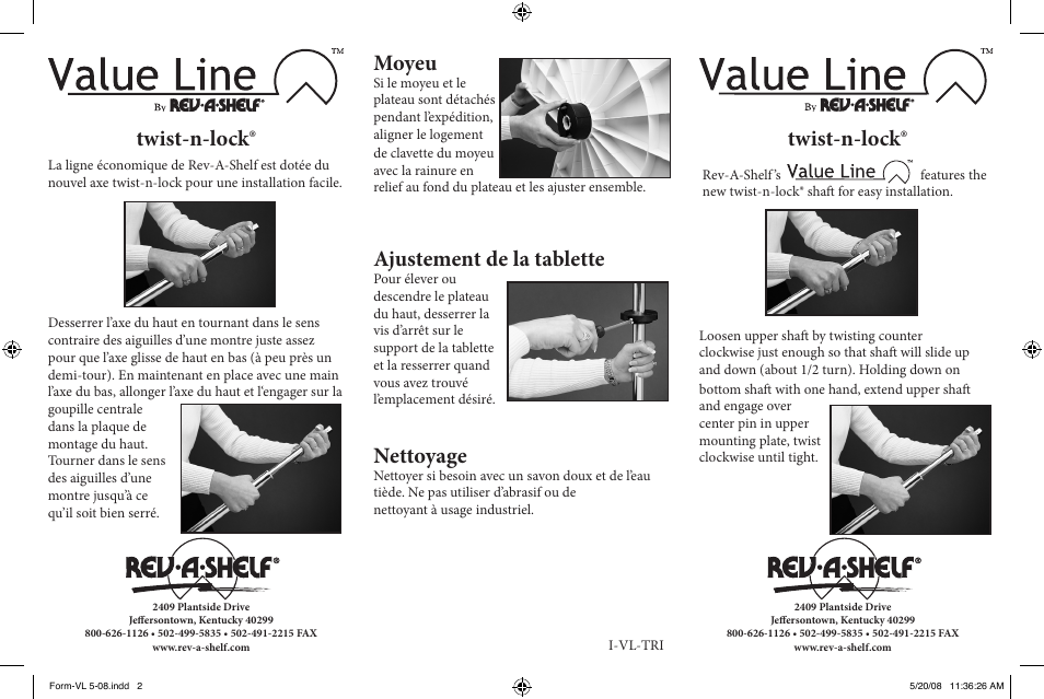 Moyeu, Ajustement de la tablette, Nettoyage | Twist-n-lock | Rev-A-Shelf 3071-Series User Manual | Page 2 / 2