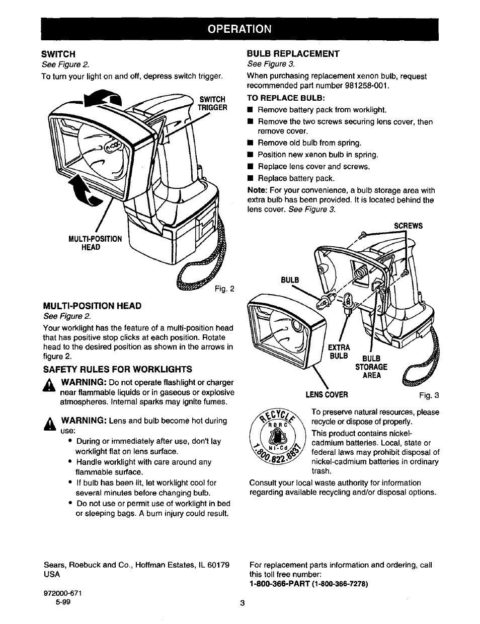 Operation, Switch, Multi-position head | Safety rules for worklights, Bulb replacement | Craftsman 315.110990 User Manual | Page 3 / 3
