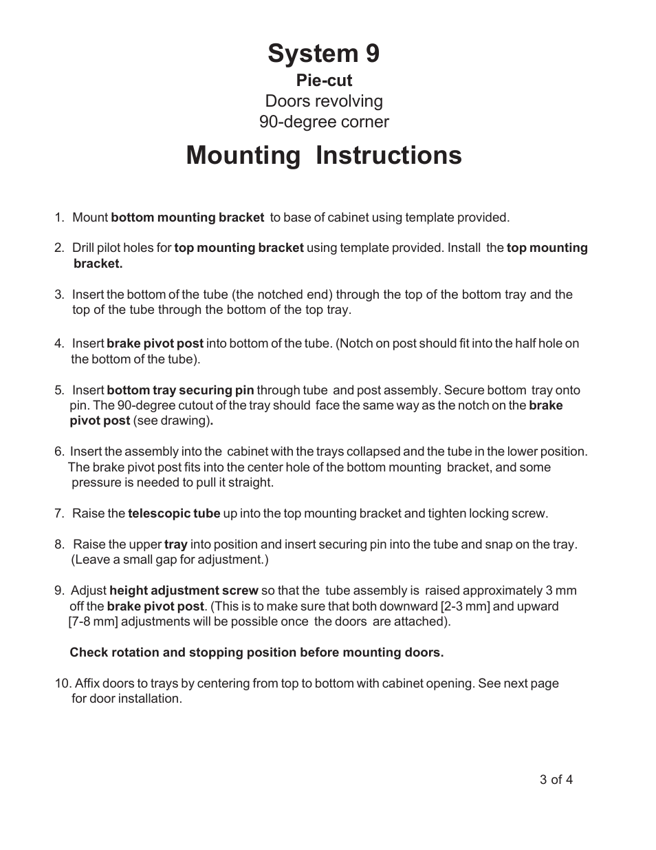 System 9, Mounting instructions, Pie-cut doors revolving 90-degree corner | Rev-A-Shelf LD-2942-28-11-1 User Manual | Page 3 / 4