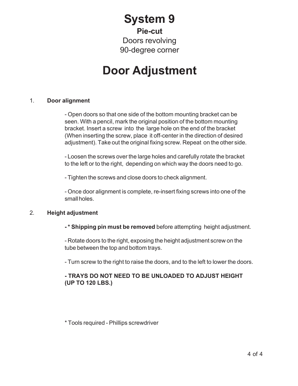 System 9, Door adjustment, Pie-cut doors revolving 90-degree corner | Rev-A-Shelf LD-2942-28-11-1 User Manual | Page 4 / 4