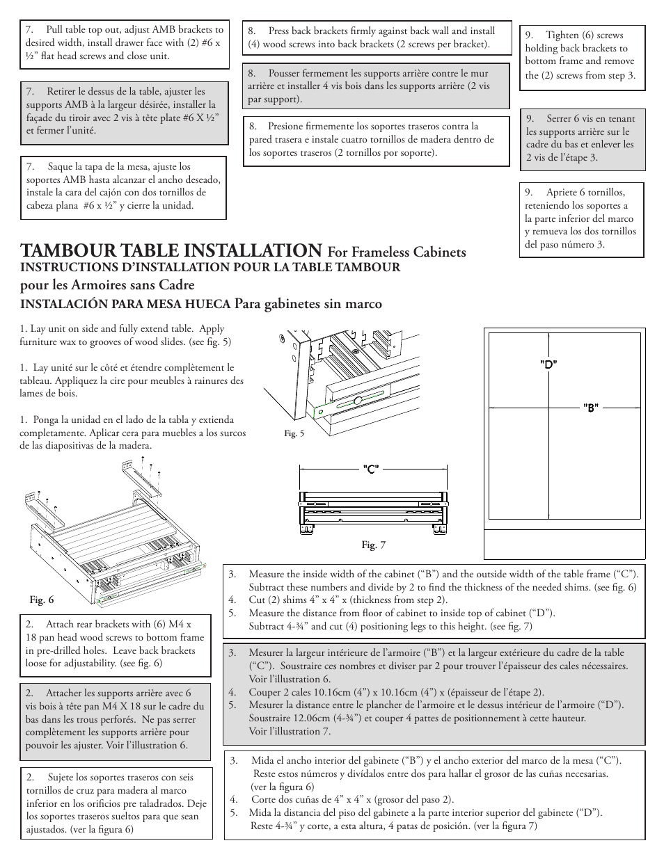 Tambour table installation, For frameless cabinets, Pour les armoires sans cadre | Para gabinetes sin marco | Rev-A-Shelf 4TT-2133-1 User Manual | Page 3 / 4