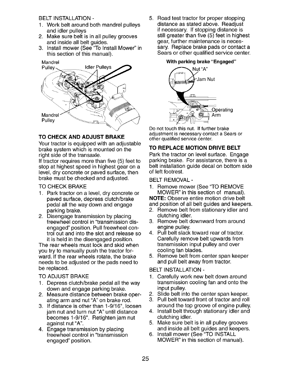 To check and adjust brake | Craftsman 917.273763 User Manual | Page 25 / 56