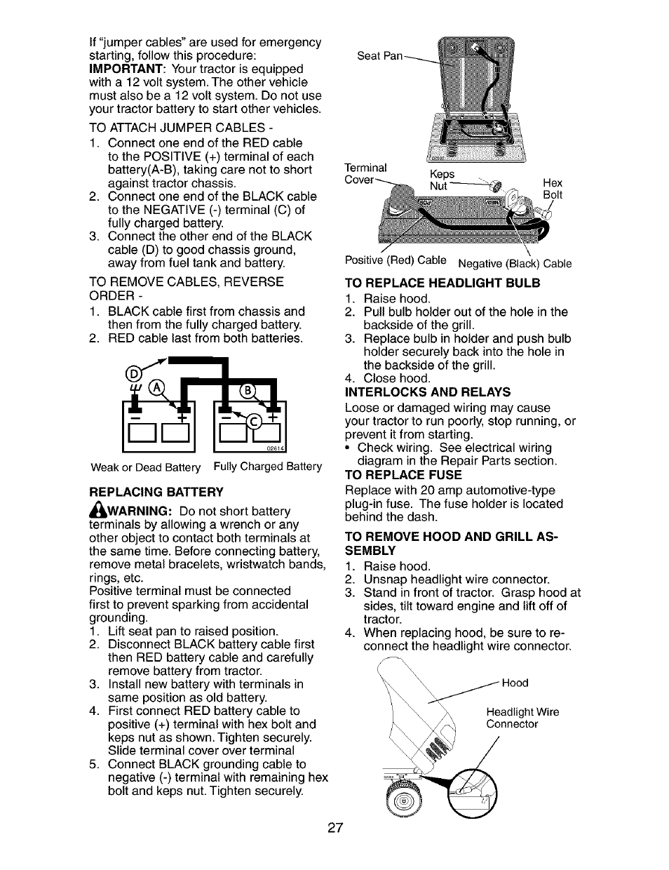 Replacing battery, To replace headlight bulb, To remove hood and grill assembly | Craftsman 917.273763 User Manual | Page 27 / 56