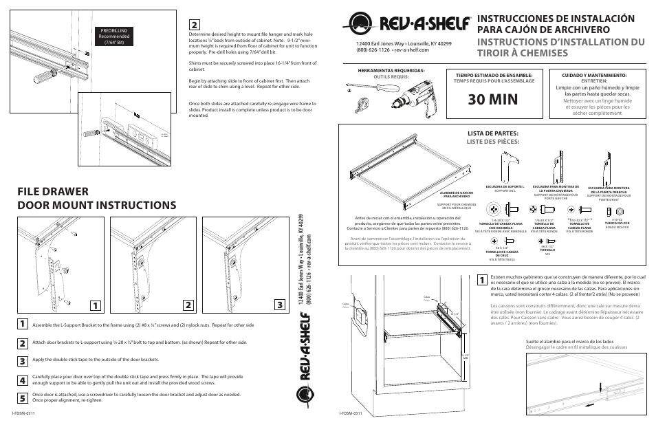 30 min, File drawer door mount instructions, Lista de partes: liste des pièces | Rev-A-Shelf RAS-FDSM-DM15-1 User Manual | Page 2 / 2