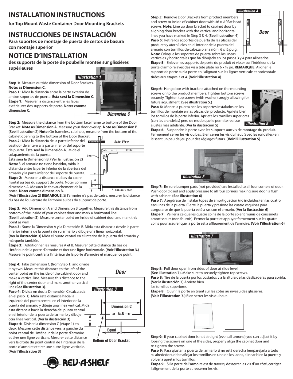 Instrucciones de instalación, Notice d’installation, Installation instructions | Door, Side view | Rev-A-Shelf 4WCTM-27-4-597-FL User Manual | Page 2 / 2