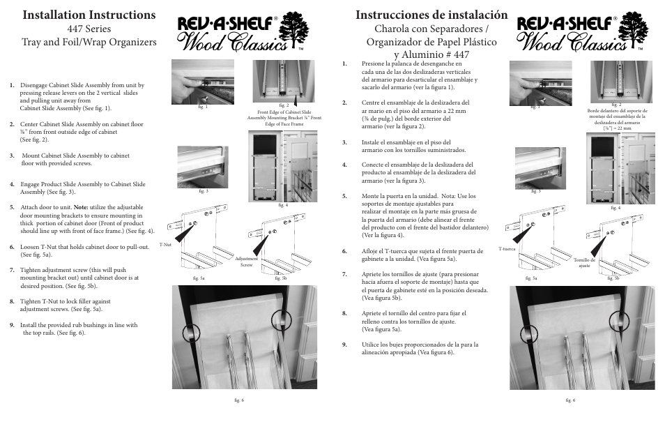 Instrucciones de instalación, Installation instructions, 447 series tray and foil/wrap organizers | Rev-A-Shelf 447-BC-8C User Manual | Page 2 / 2