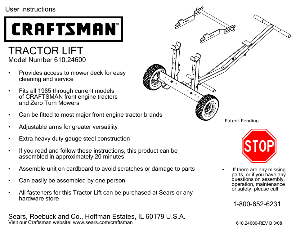 Craftsman TRACTOR LIFT 610.246 User Manual | 13 pages