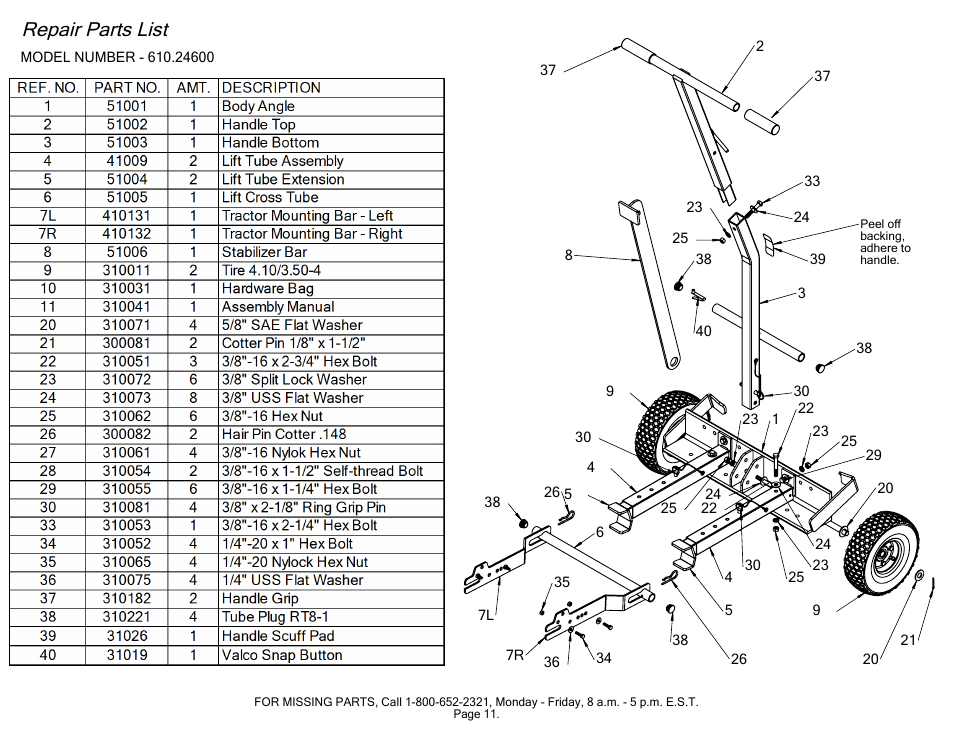 P11vb sears repair parts, Sheet1, Drawing view5 | Repair parts list | Craftsman TRACTOR LIFT 610.246 User Manual | Page 11 / 13