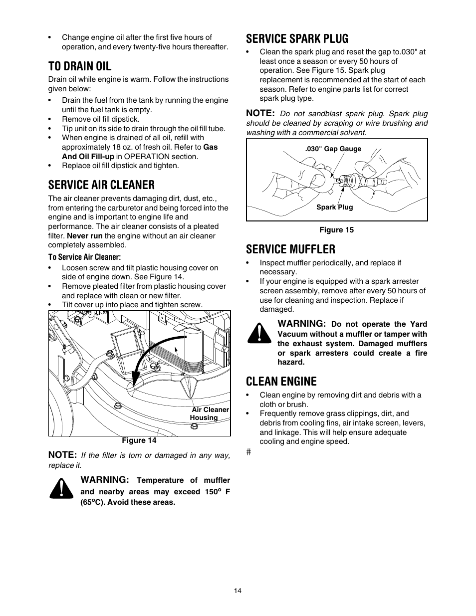 To drain oil, Service air cleaner, Service spark plug | Service muffler, Clean engine | Craftsman 247.77099 User Manual | Page 14 / 52