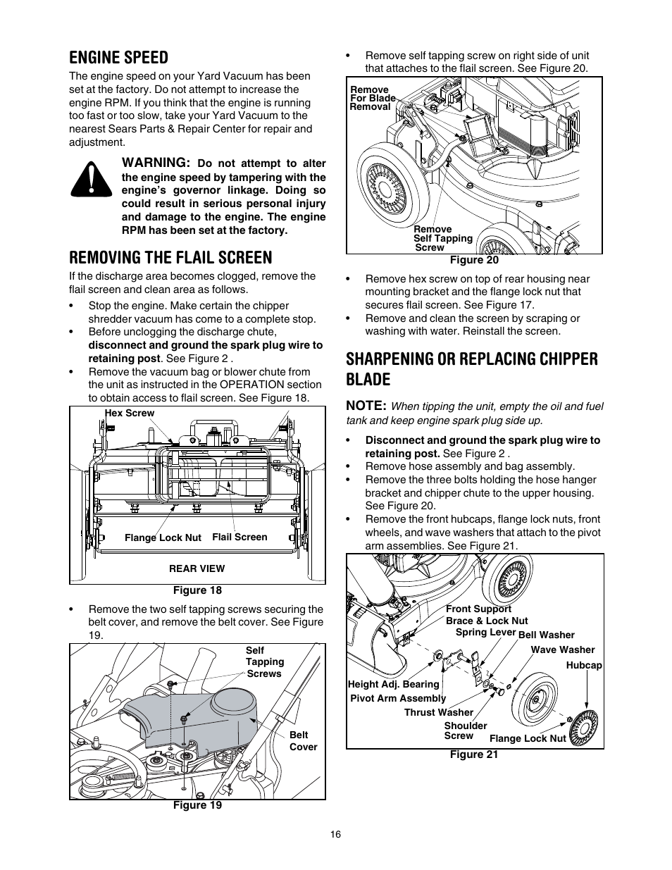 Engine speed, Removing the flail screen, Sharpening or replacing chipper blade | Craftsman 247.77099 User Manual | Page 16 / 52