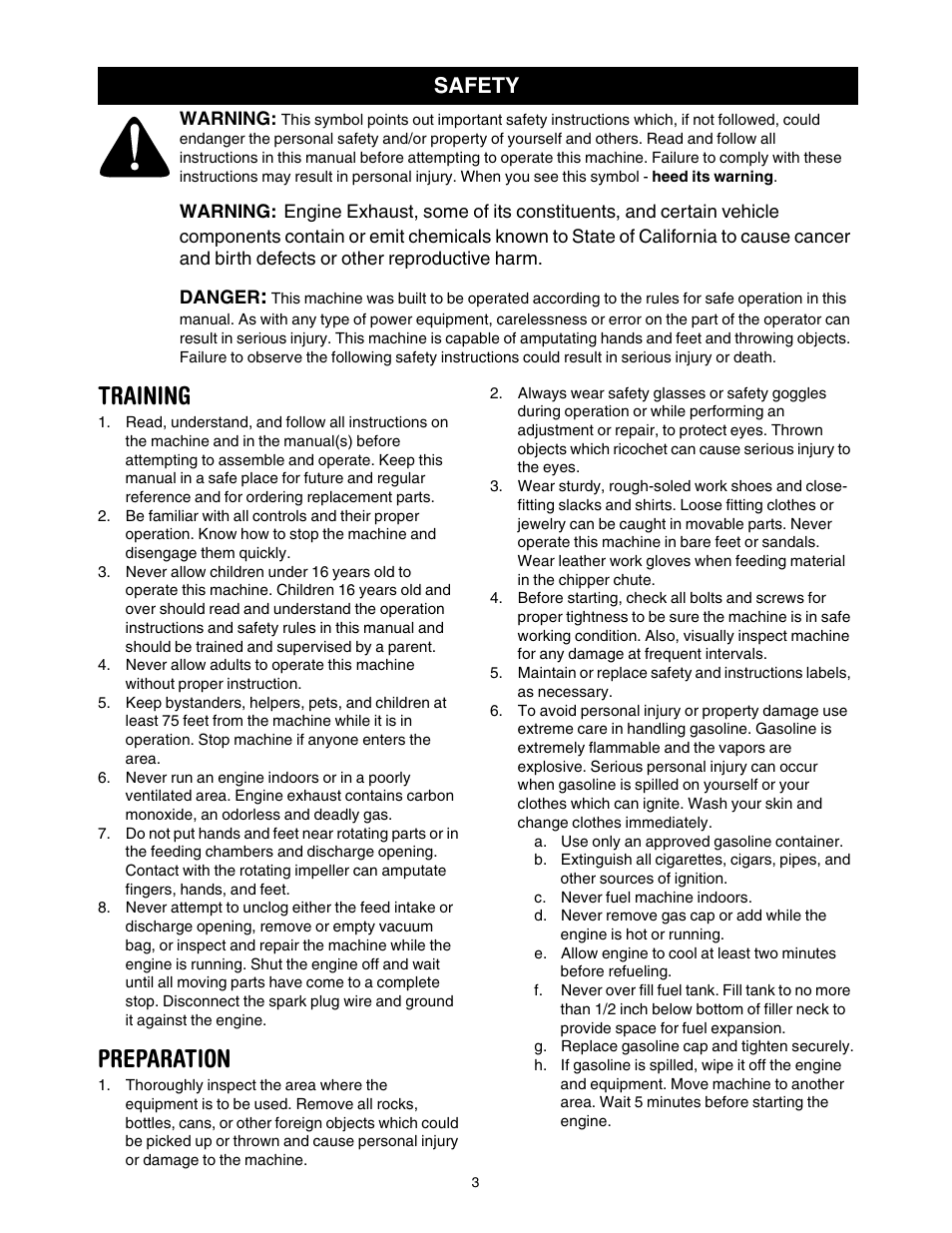 Training, Preparation, Safety | Craftsman 247.77099 User Manual | Page 3 / 52