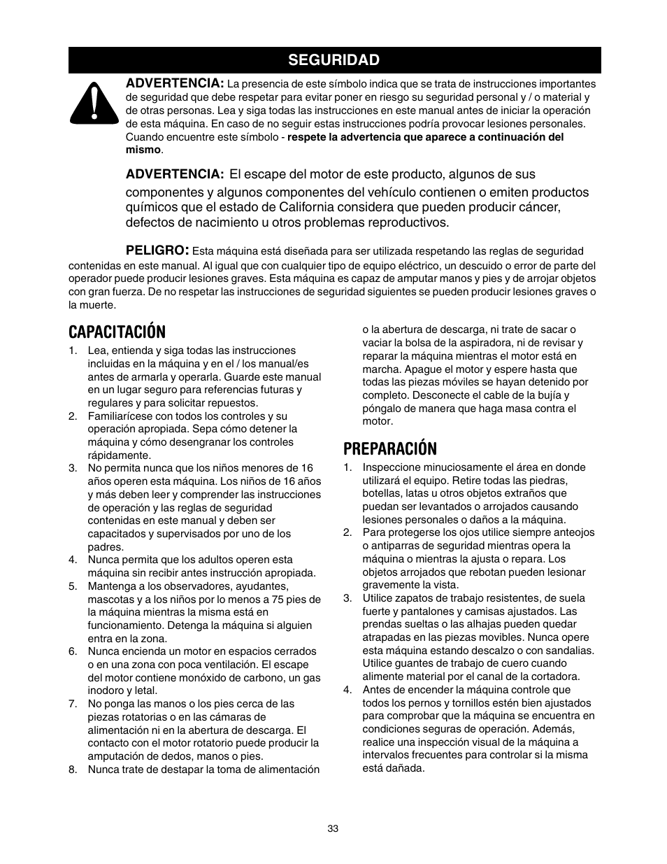 Capacitación, Preparación, Seguridad | Craftsman 247.77099 User Manual | Page 33 / 52