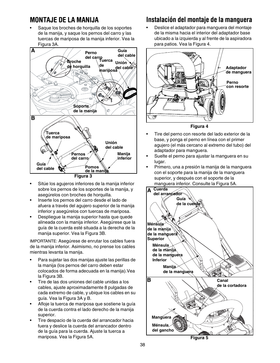 Montaje de la manija, Instalación del montaje de la manguera | Craftsman 247.77099 User Manual | Page 38 / 52