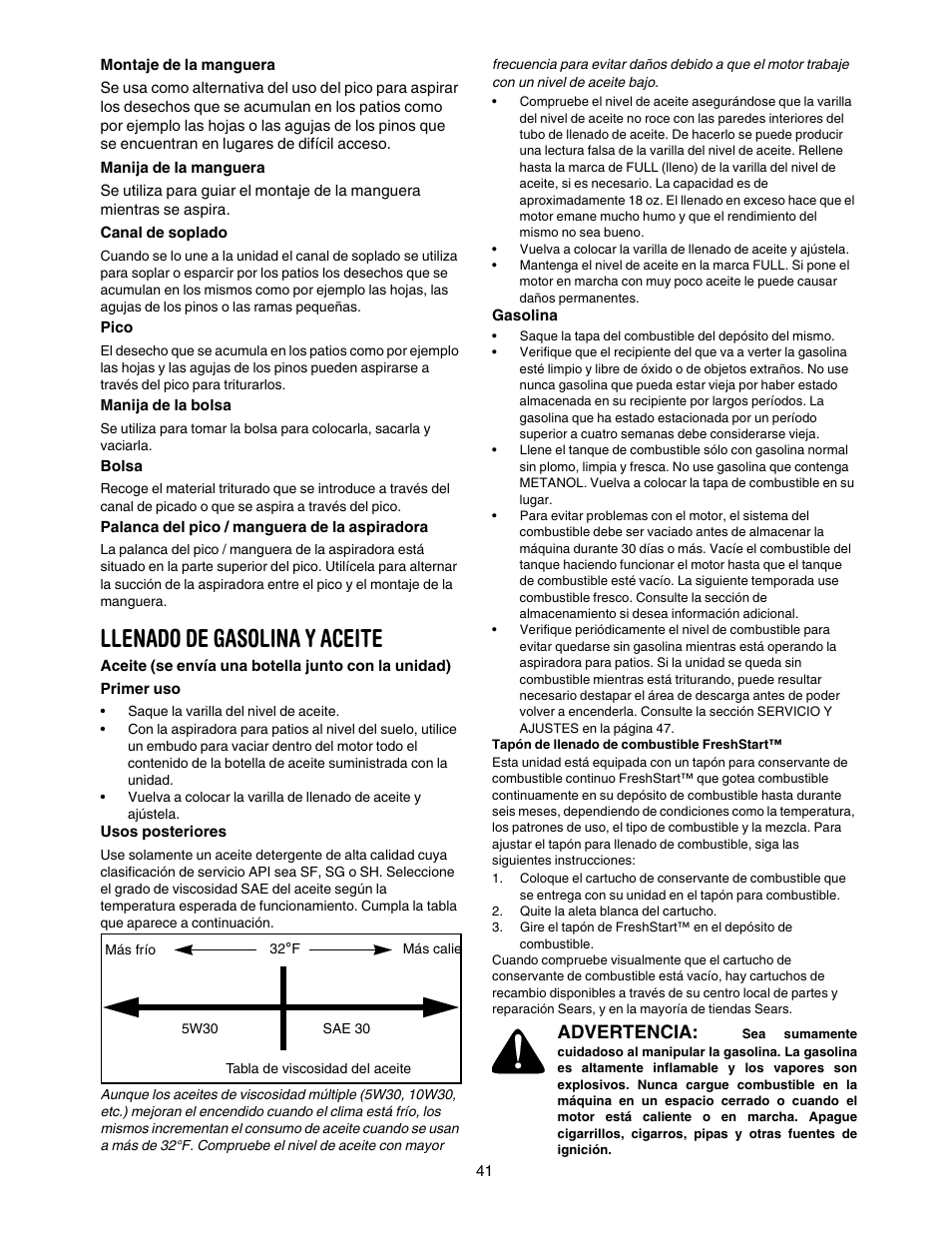 Llenado de gasolina y aceite, Advertencia | Craftsman 247.77099 User Manual | Page 41 / 52