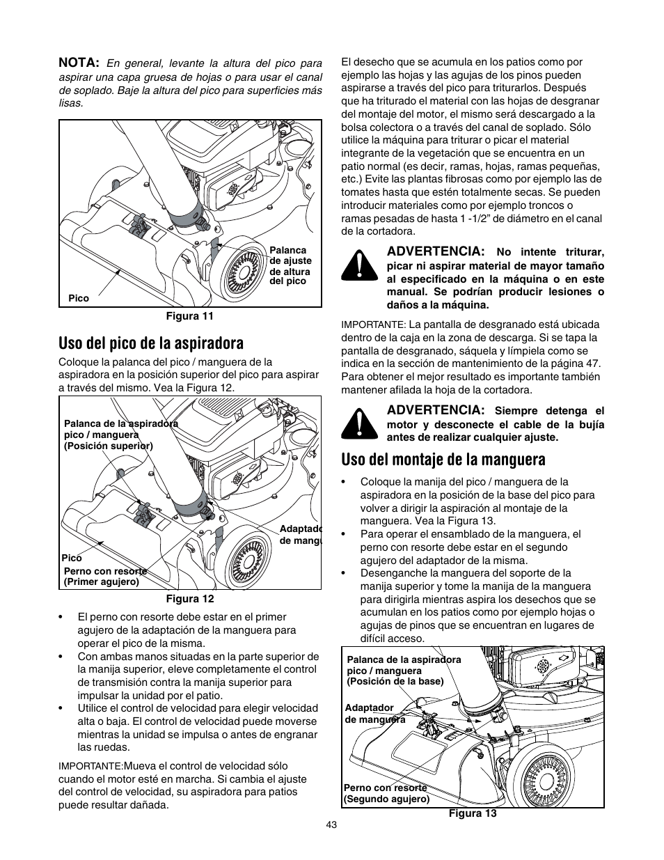 Uso del pico de la aspiradora, A la figura 11, Uso del montaje de la manguera | Craftsman 247.77099 User Manual | Page 43 / 52