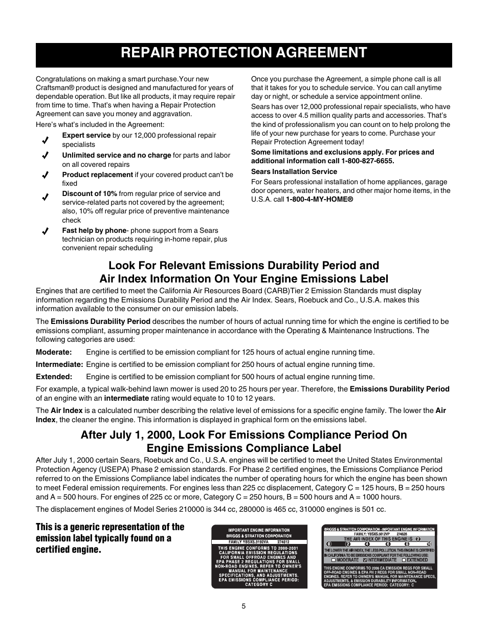 Repair protection agreement | Craftsman 247.77099 User Manual | Page 5 / 52