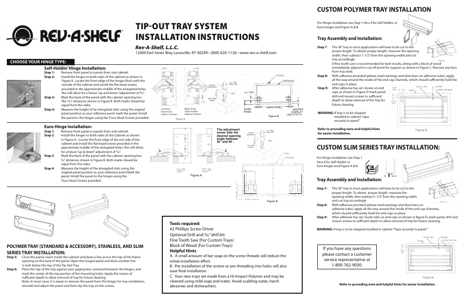 Tip-out tray system installation instructions, Custom polymer tray installation, Custom slim series tray installation | Rev-a-shelf, l.l.c, Tray assembly and installation, Self-holdin’ hinge installation, Euro hinge installation, Choose your hinge type | Rev-A-Shelf 6581-Series User Manual | Page 2 / 4