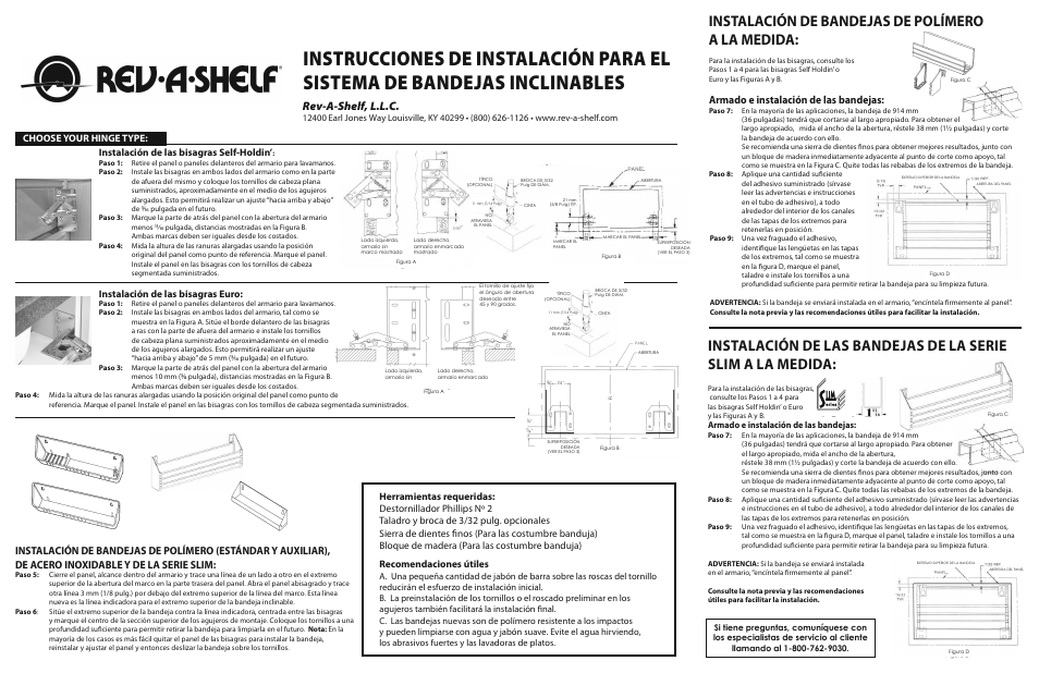 Instalación de bandejas de polímero a la medida, Installation, Rev-a-shelf, l.l.c | Instalación de las bisagras self-holdin, Instalación de las bisagras euro, Armado e instalación de las bandejas | Rev-A-Shelf 6581-Series User Manual | Page 3 / 4