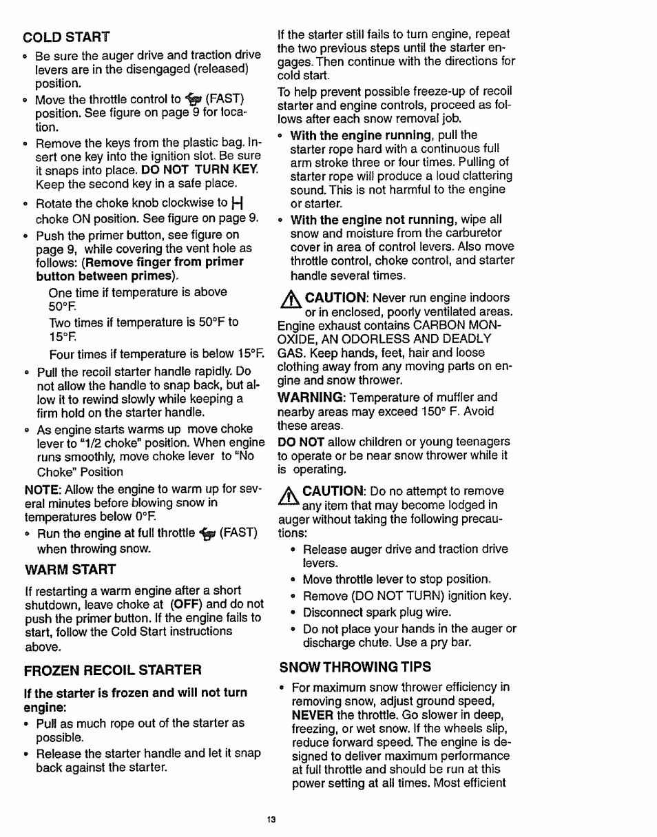 Cold start, Warm start, Frozen recoil starter | Snow throwing tips | Craftsman 536.886141 User Manual | Page 13 / 63