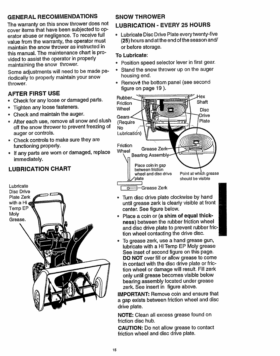 After first use, Lubrication chart, Snow thrower | Lubrication - every 25 hours | Craftsman 536.886141 User Manual | Page 15 / 63