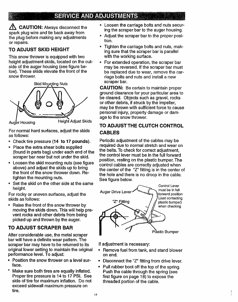 To adjust skid height, To adjust scraper bar, To adjust the clutch control | Service and adjustments | Craftsman 536.886141 User Manual | Page 17 / 63