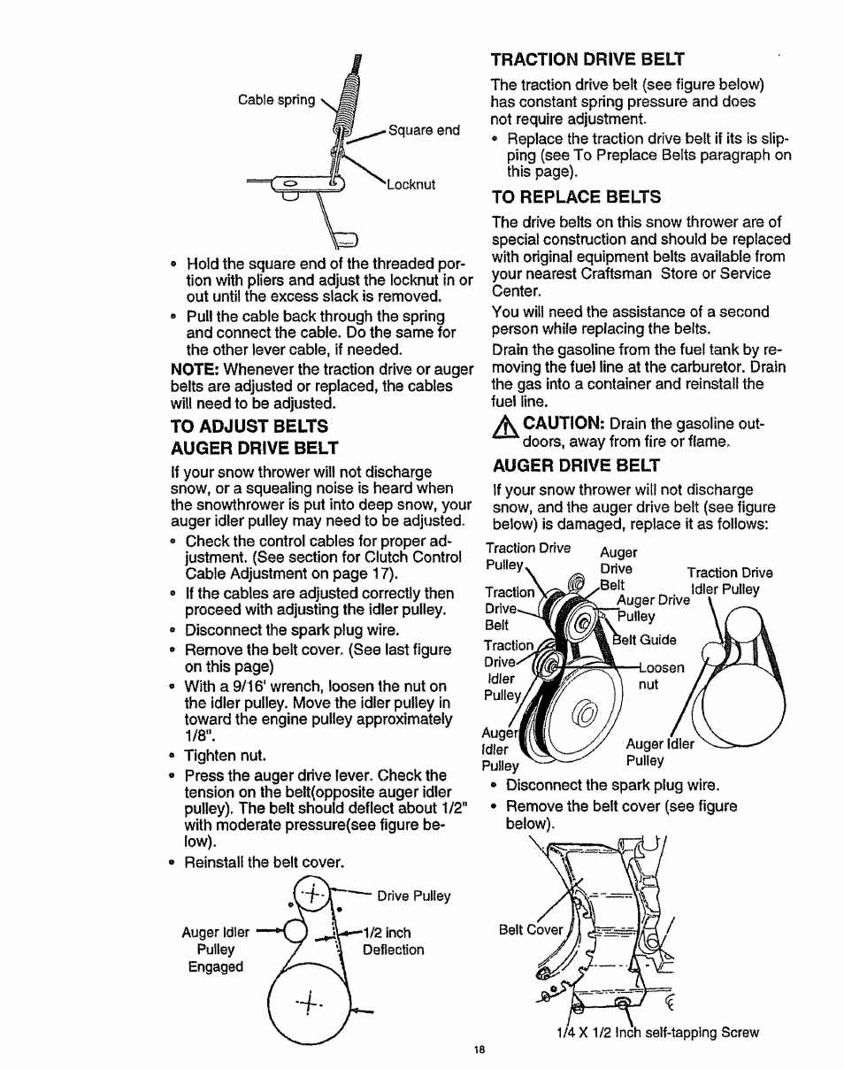 Auger drive belt, Traction drive belt, To replace belts | Craftsman 536.886141 User Manual | Page 18 / 63