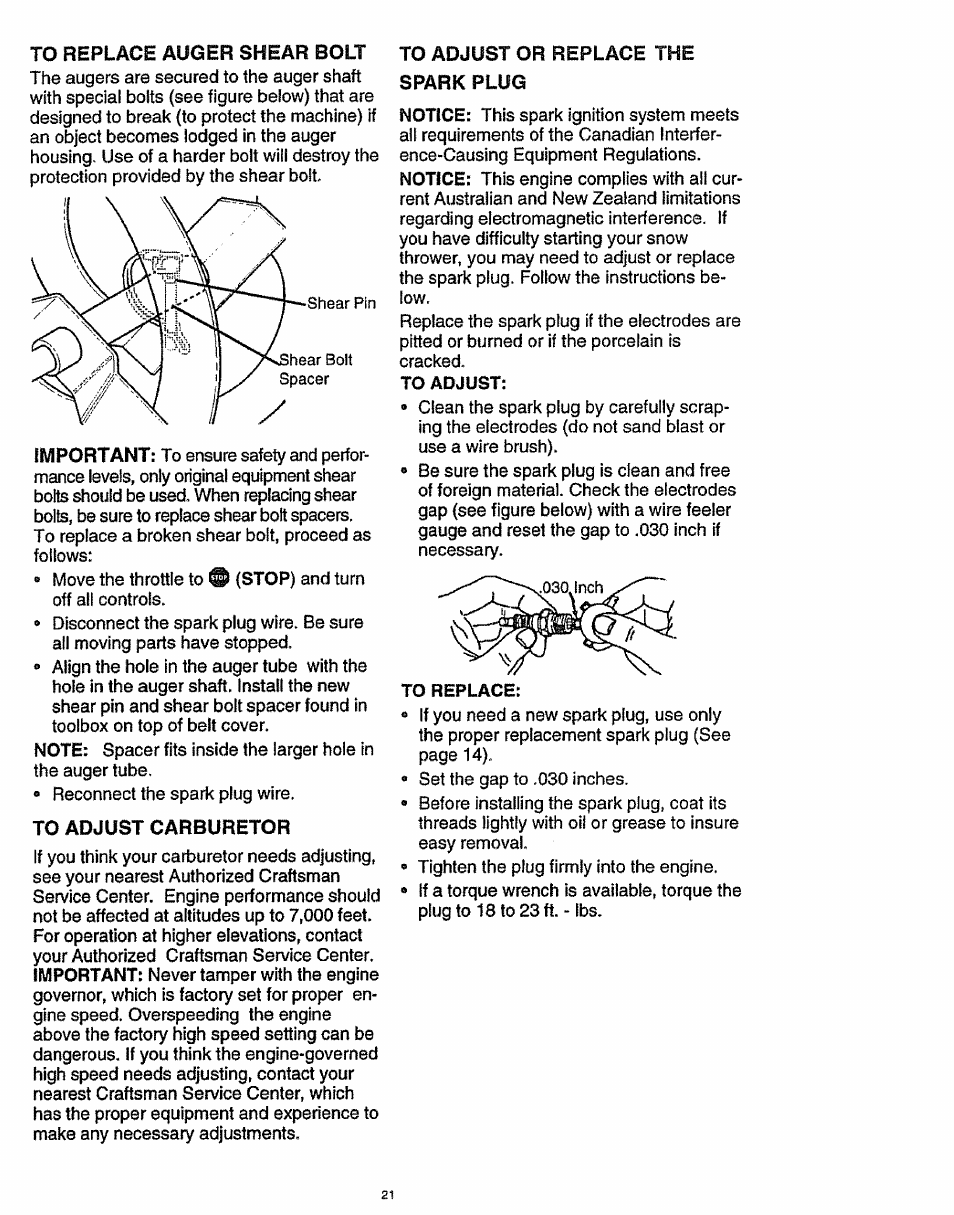 To replace auger shear bolt, To adjust carburetor, To adjust or replace the spark plug | Craftsman 536.886141 User Manual | Page 21 / 63