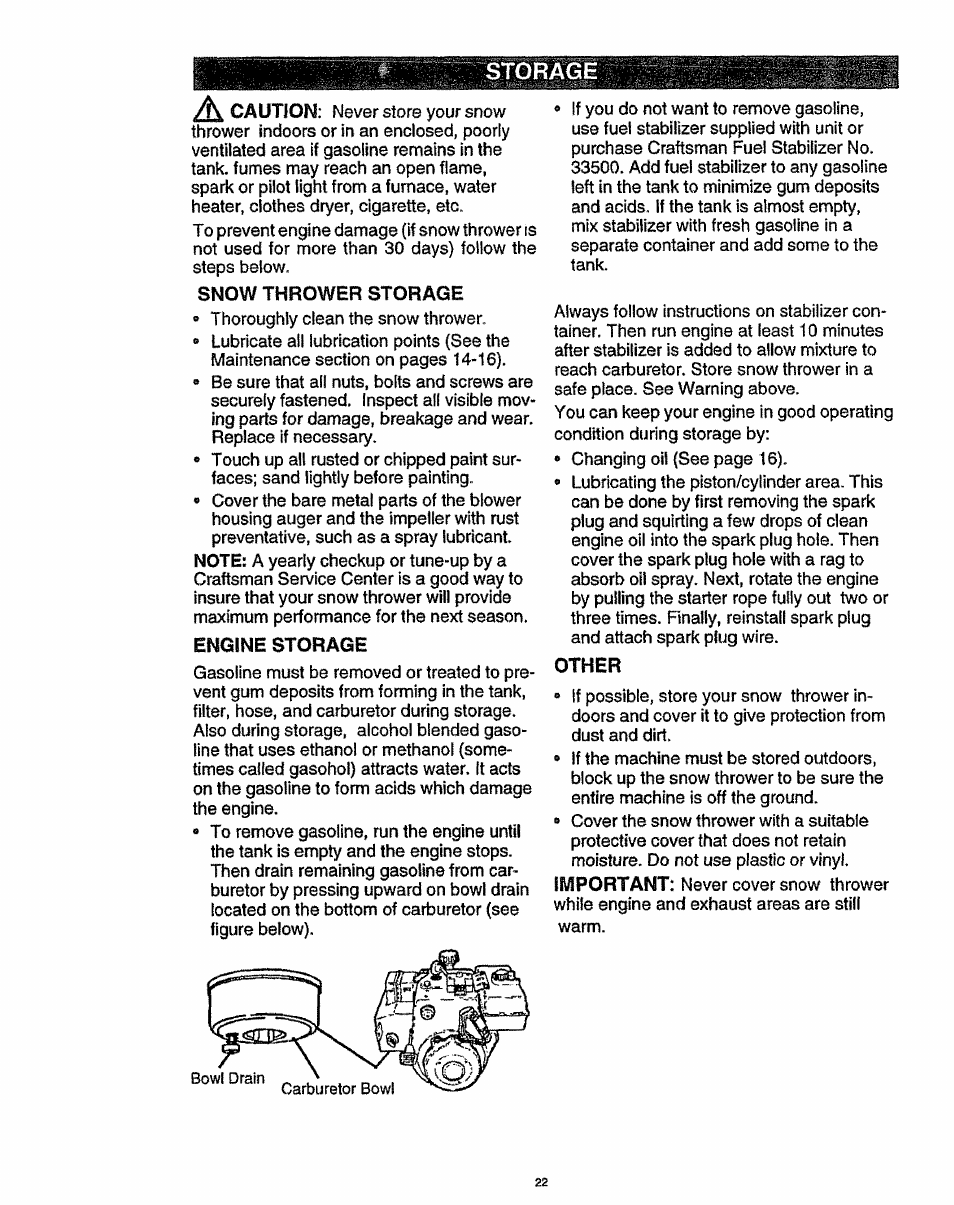 Storage, Snow thrower storage, Engine storage | Other | Craftsman 536.886141 User Manual | Page 22 / 63