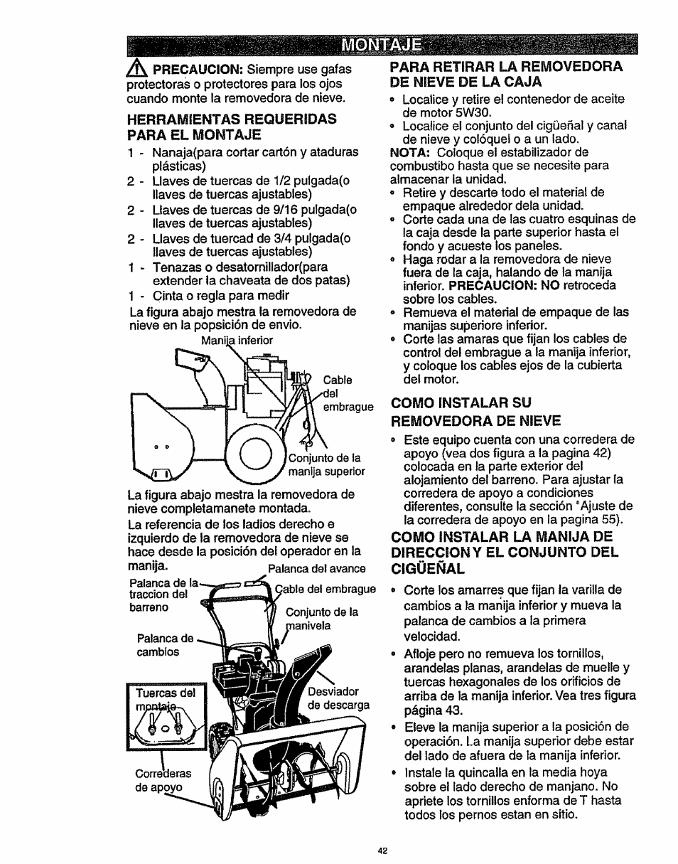 Montaje, Herramientas requeridas para el montaje, Para retirar la removedora de nieve de la caja | Como instalar su removedora de nieve | Craftsman 536.886141 User Manual | Page 42 / 63