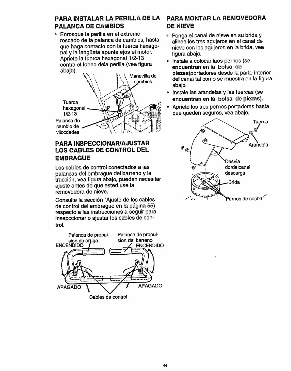 Para instalar la perilla de la palanca de cambios, Para montar la removedora de nieve | Craftsman 536.886141 User Manual | Page 44 / 63