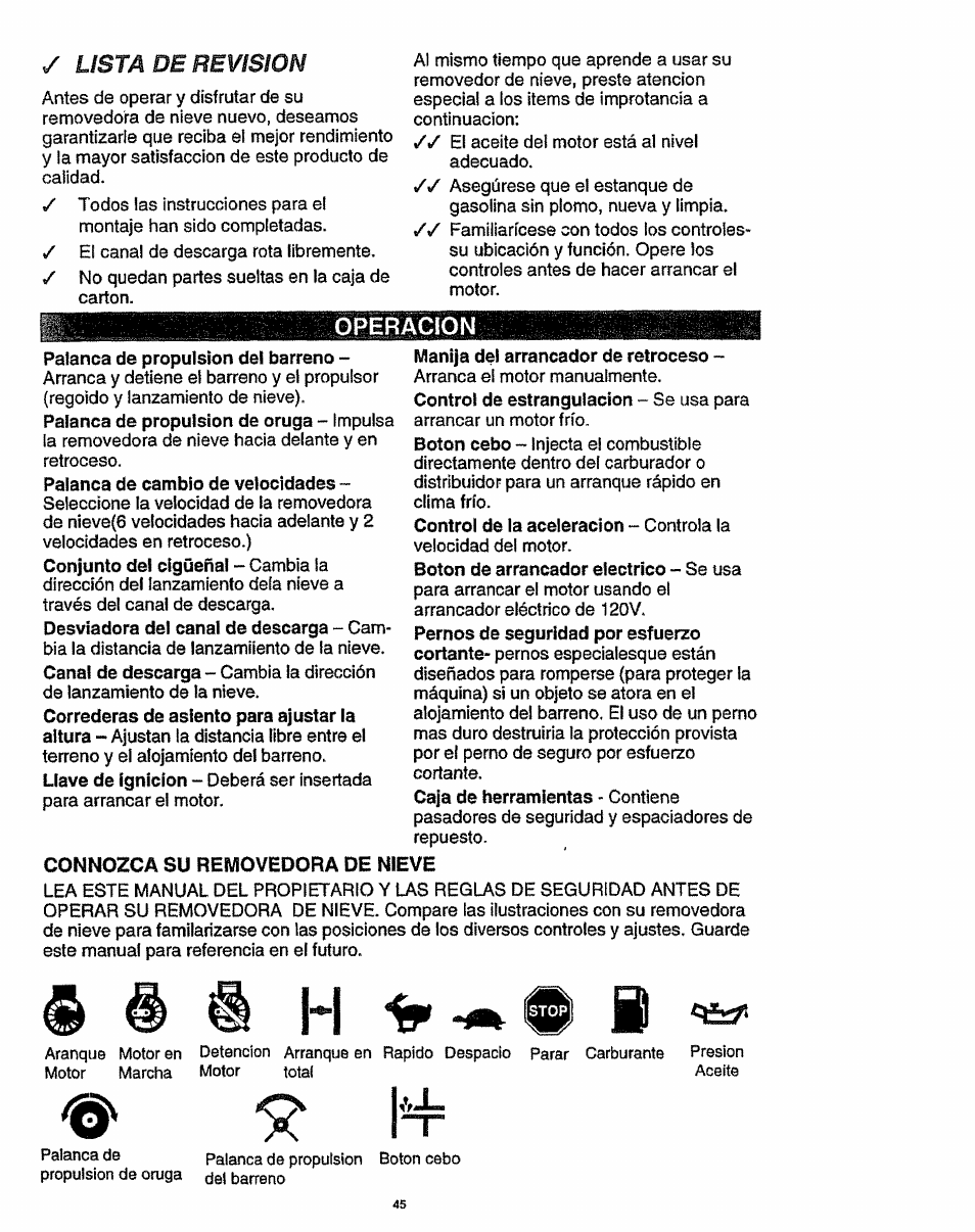 Operacion, Connozca su removedora de nieve, Lísta de revision | Craftsman 536.886141 User Manual | Page 45 / 63