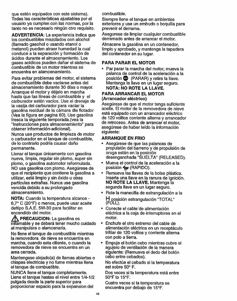 Para parar el motor, Arranque en frio | Craftsman 536.886141 User Manual | Page 49 / 63